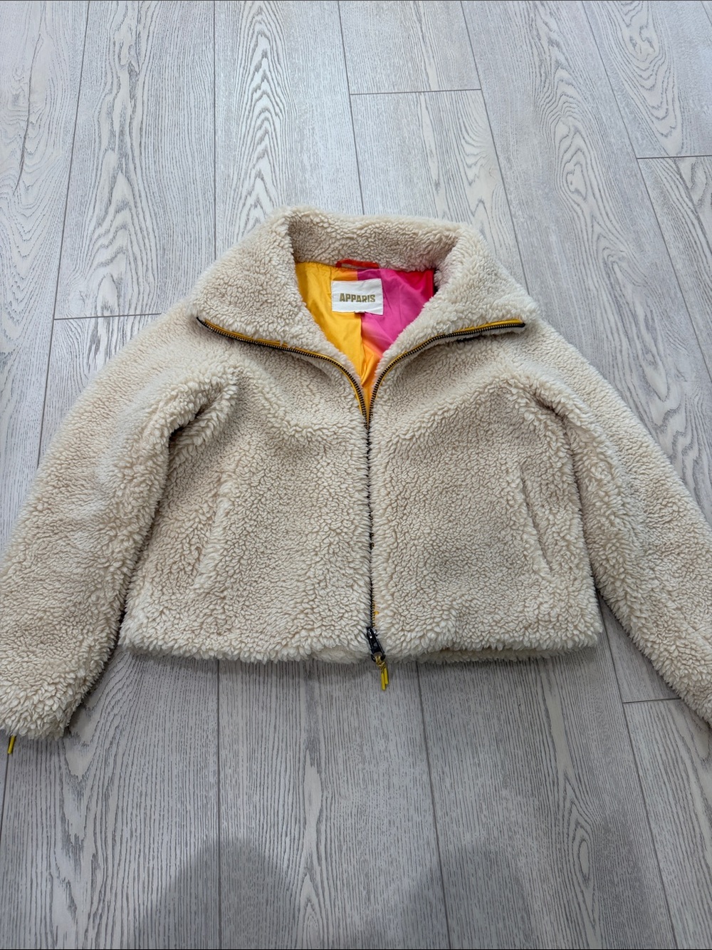 Apparis Cream Sherpa Jacket with Pink and Orange Lining
